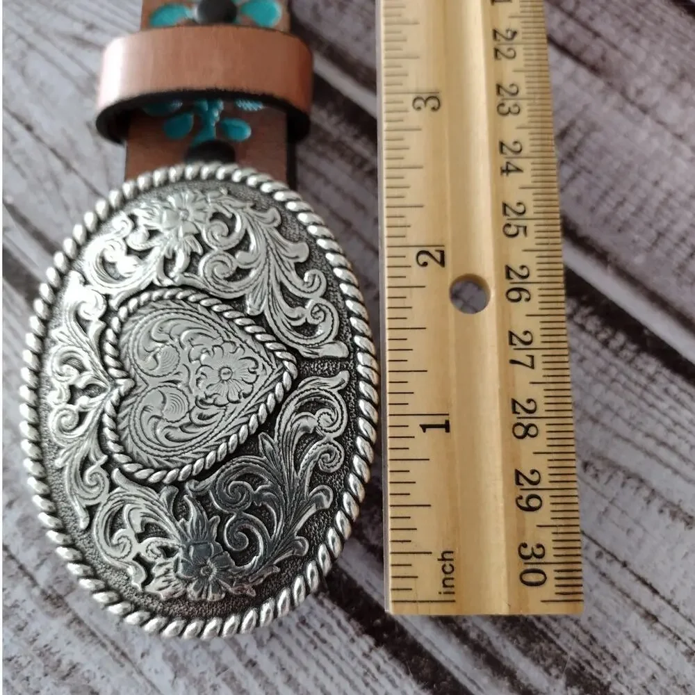 Justin Brown w/Teal Accent Tooled Leather Belt Silver-Tone Heart Buckle Women 26